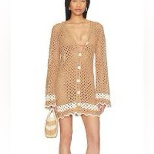 LPA Lanita Open Crochet Cotton Mini Dress/Cover Up in Tan & Ivory - Size Small